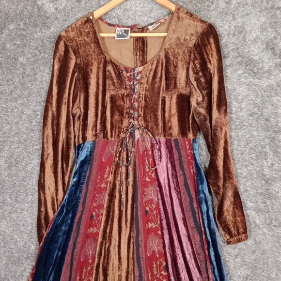 Boho Velvet Panel Maxi Dress - Multicolors Renisance Peasant Womens Small - Picture 3 of 10